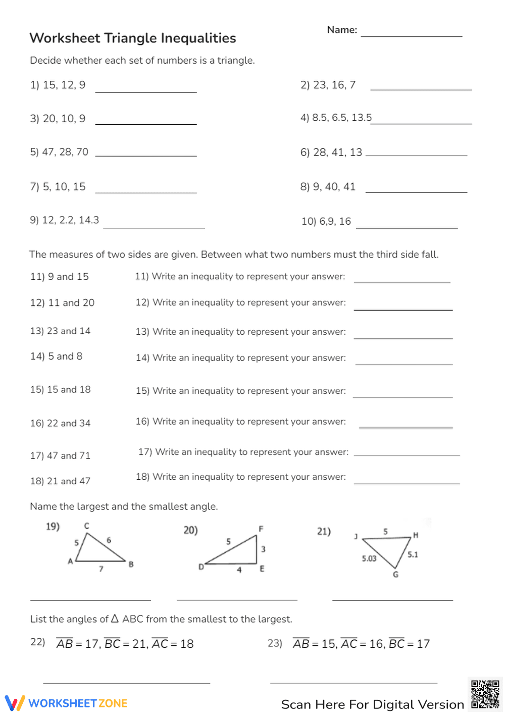 Worksheet Triangle Inequalities - Page 1