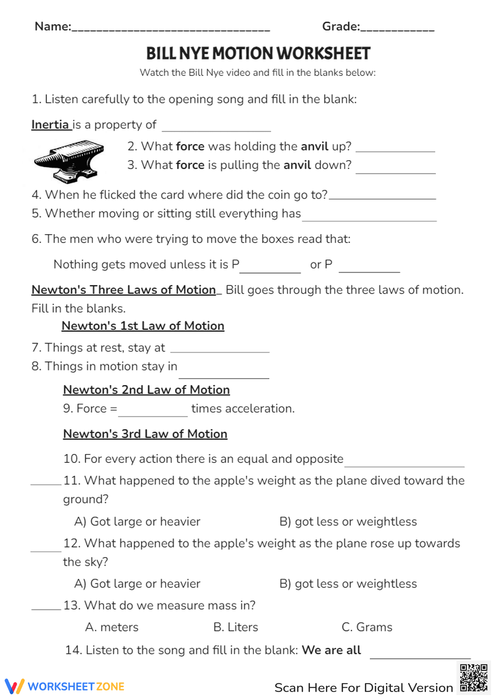 Bill Nye Motion Worksheet - Page 1