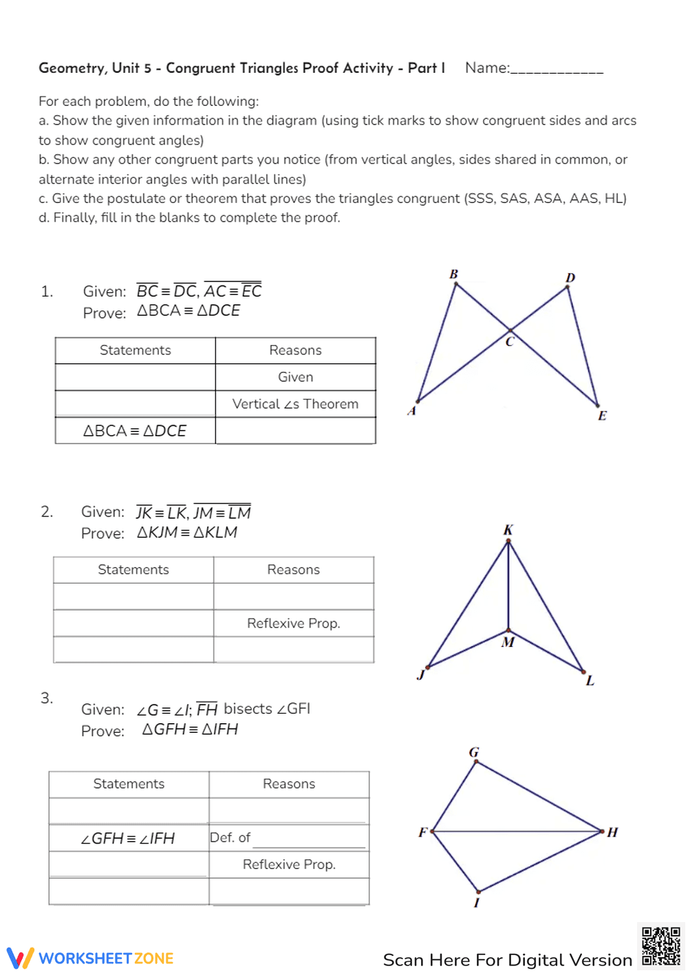 Congruent Triangles Proof Activity Worksheet - Page 1