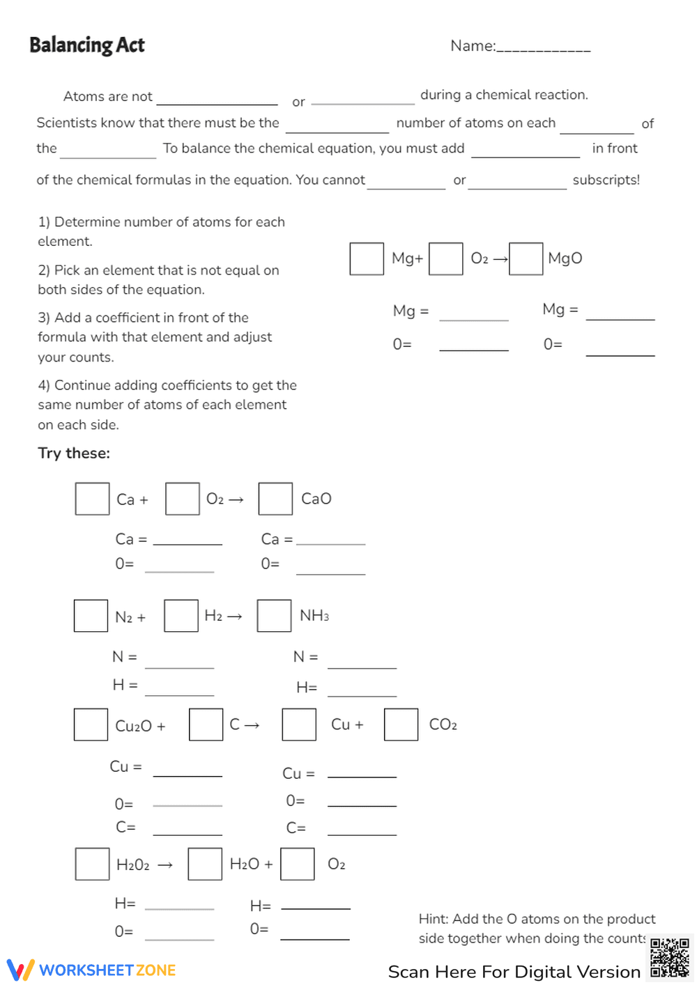 Balancing Chemical Equations Worksheet - Chemistry Practice Act - Page 1