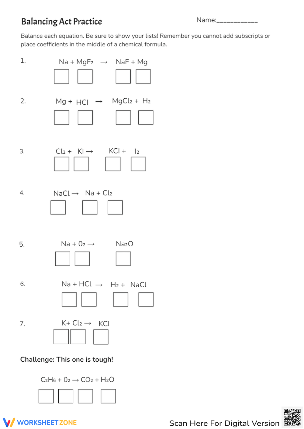 Balancing Chemical Equations Worksheet - Chemistry Practice Act - Page 2