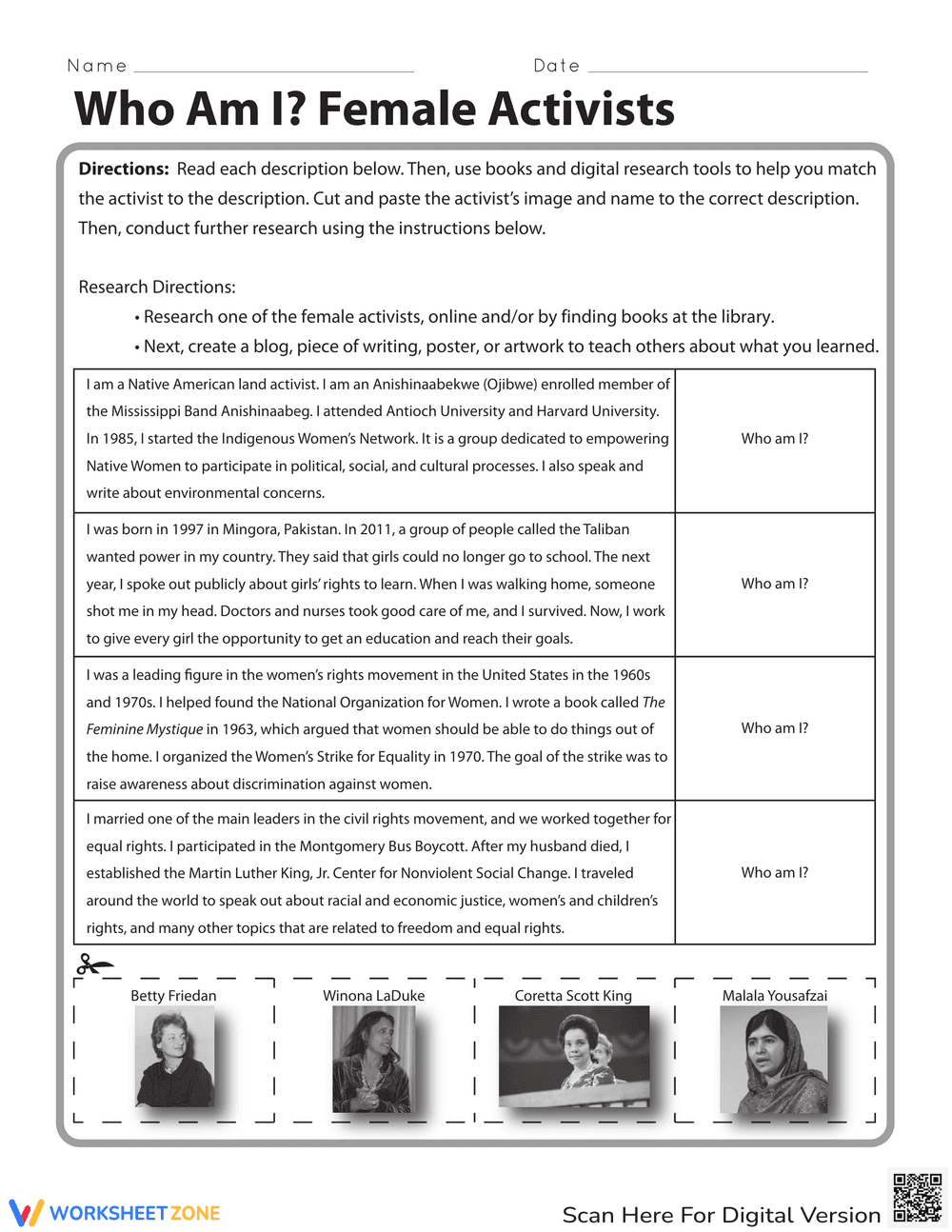 Who Am I? Female Activists Worksheet - Page 1