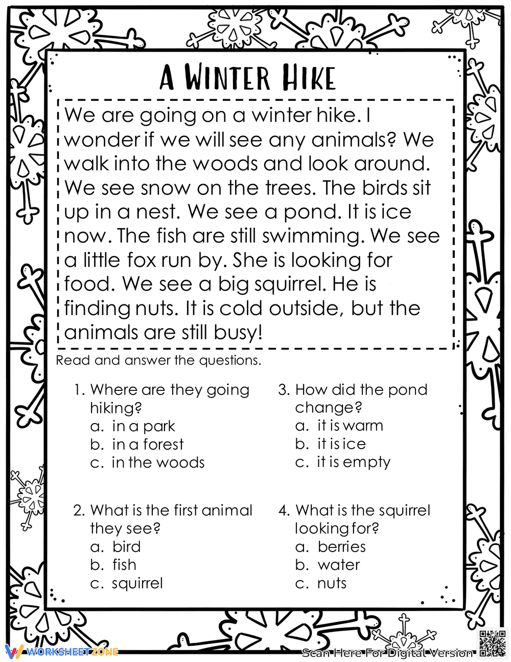 Winter Hike Reading Comprehension Worksheet - Page 1