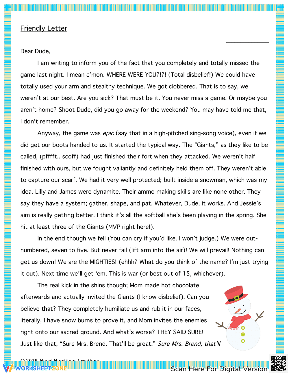 Friendly Letter Comprehension Worksheet - Page 1
