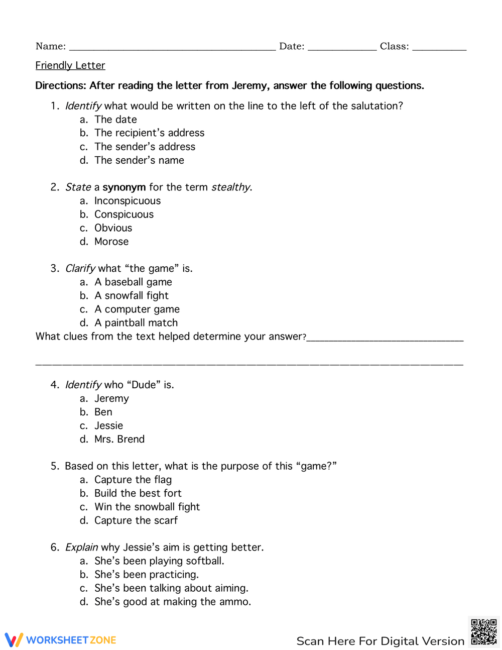 Friendly Letter Comprehension Worksheet - Page 3