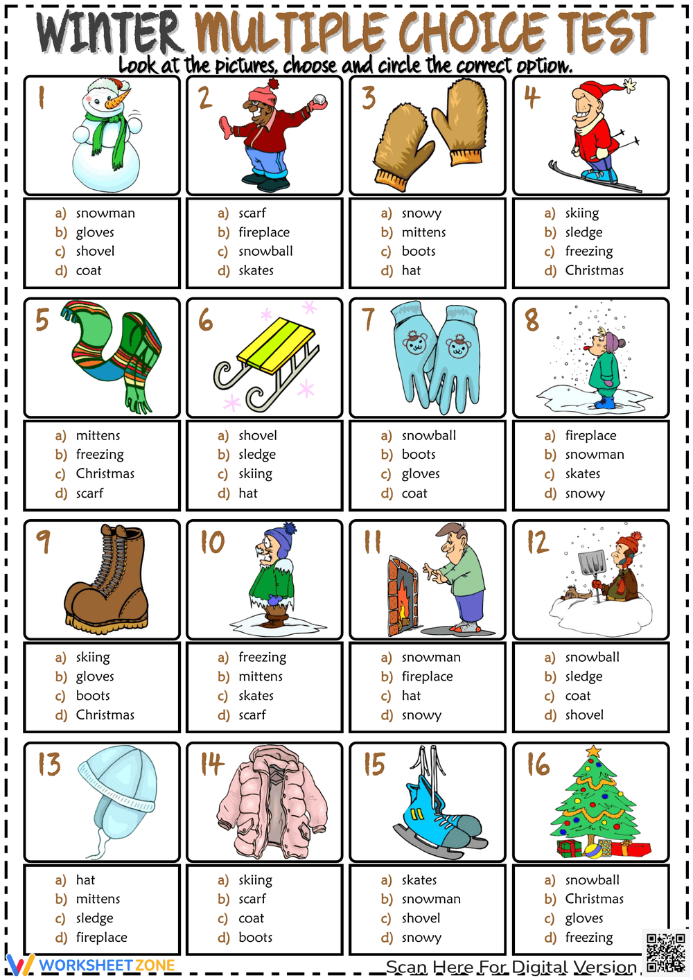 Winter ESL Printable Multiple Choice Test For Kids - Page 1
