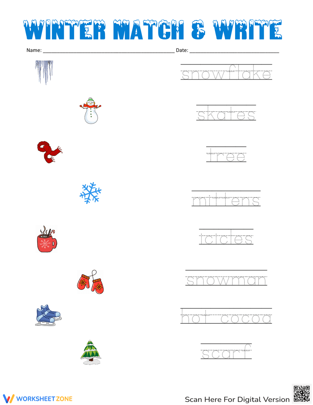 Winter Matching Game Worksheet for Kids - Page 1