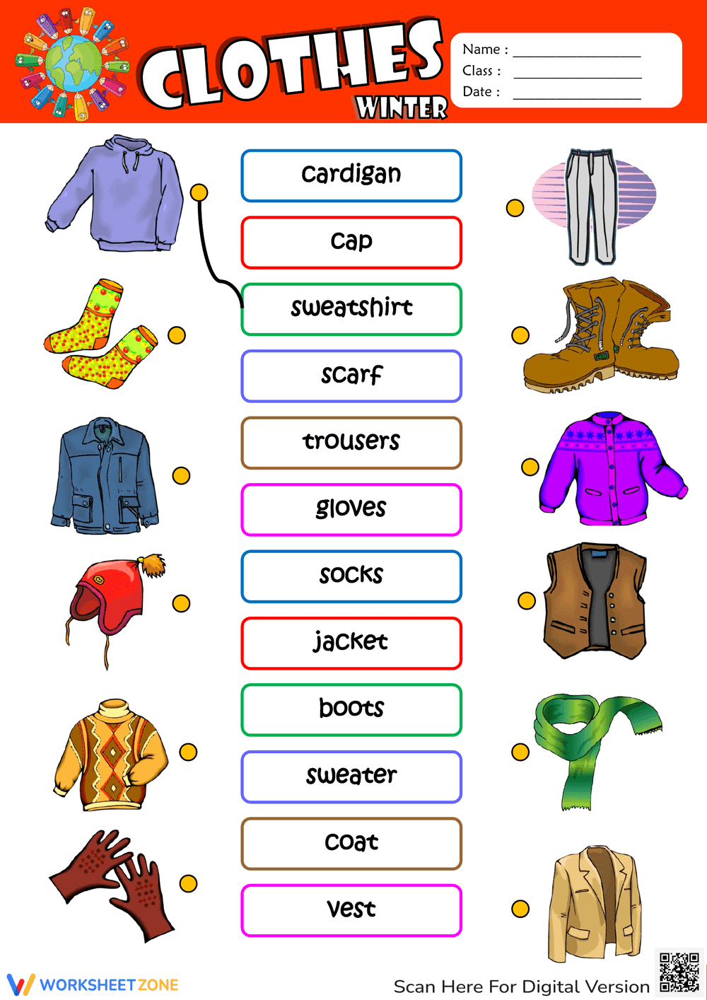 Winter Clothes ESL Matching Exercise Worksheet - Page 1