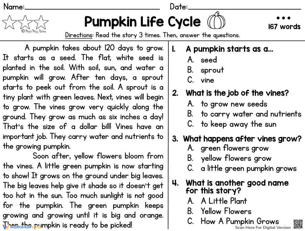 Reading Comprehension: Pumpkin Life Cycle - Page 1