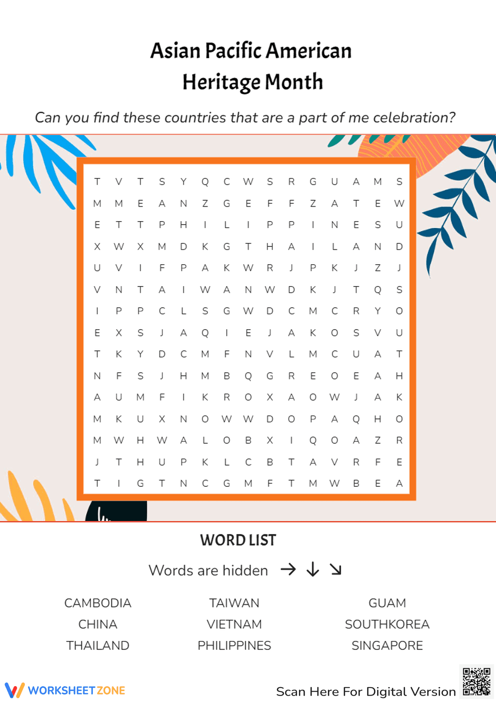 Asian Heritage Month Word Search: Find Countries! (Grades 3-6) - Page 1
