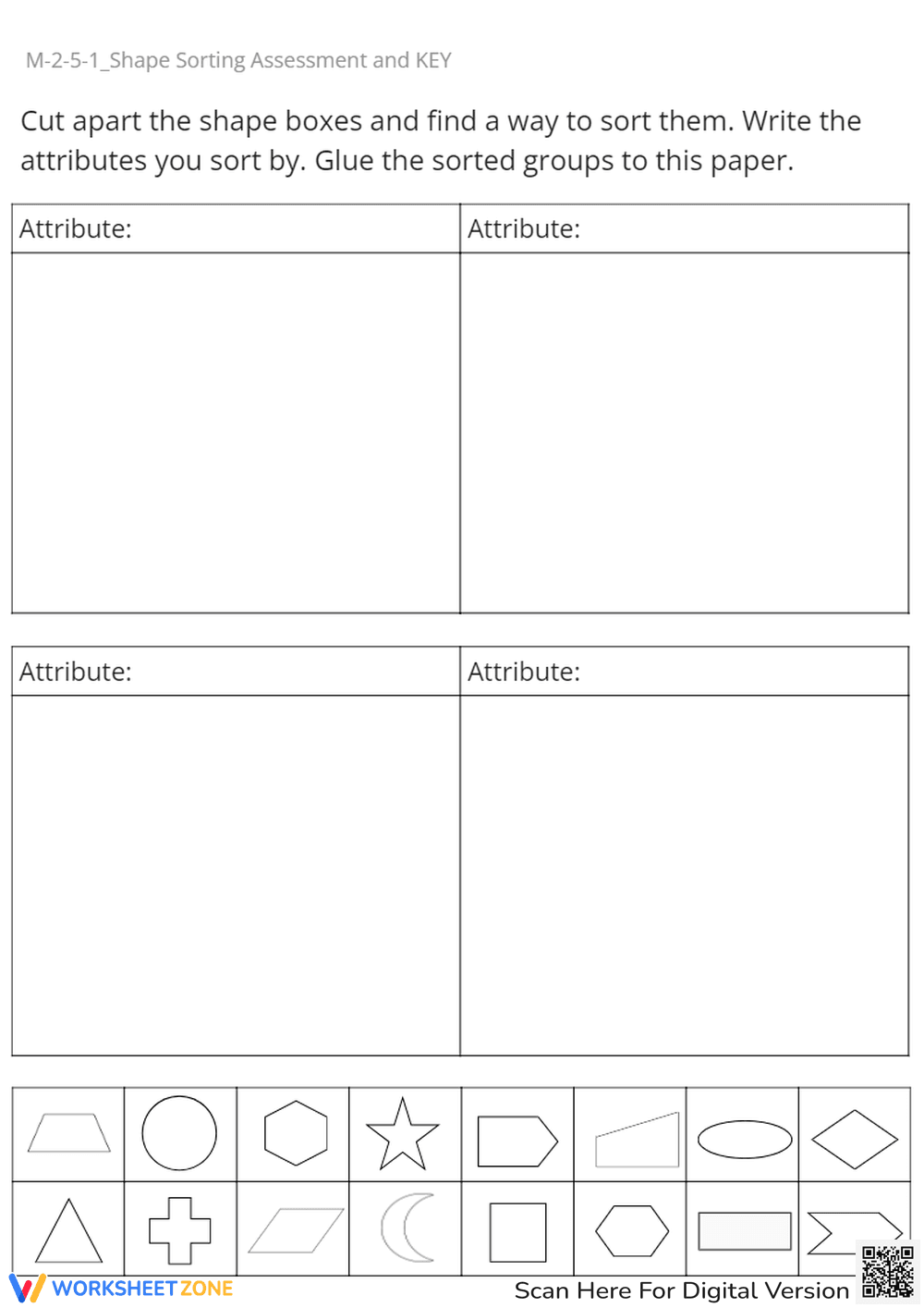 Shape Sorting Activity: Cut, Sort & Glue Shapes by Attribute - Page 1