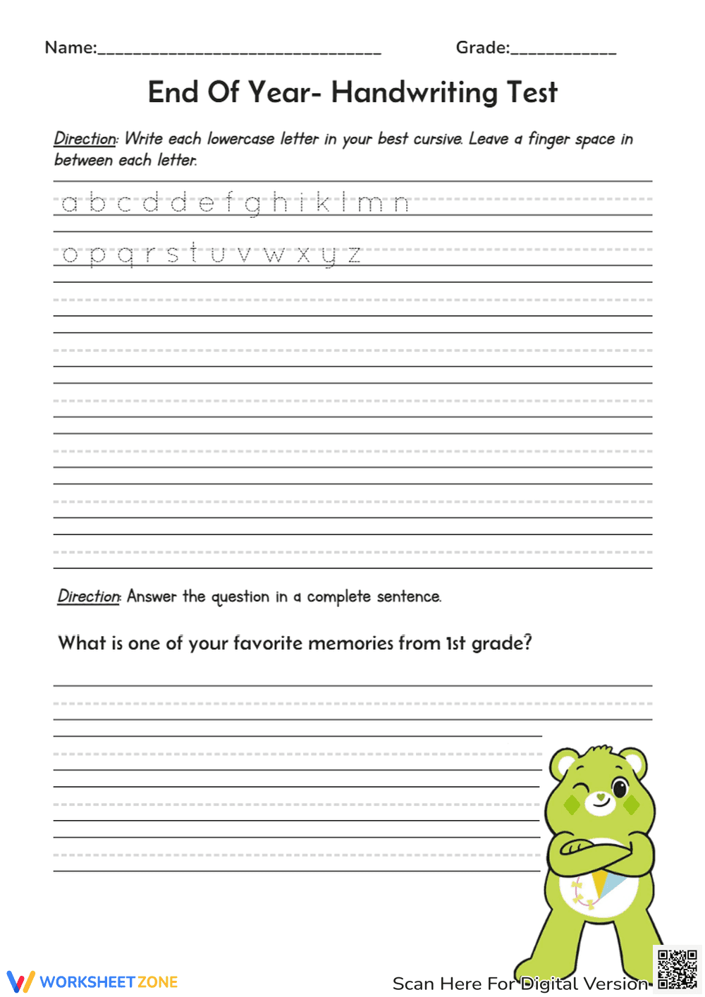 End Of Year- Handwriting Test with Cute Bear - Page 1