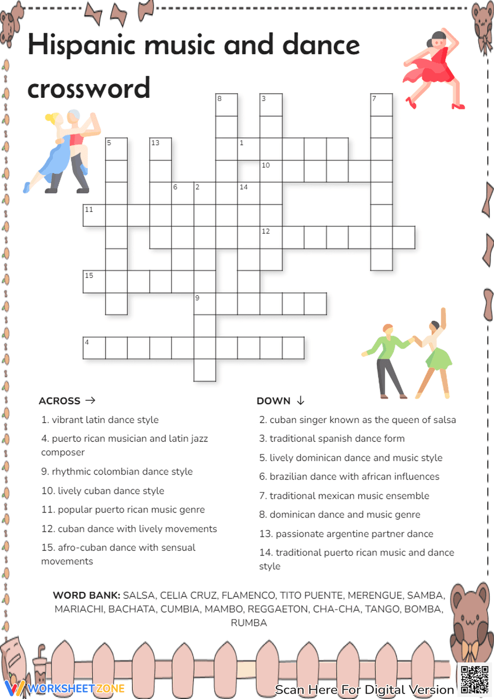 Hispanic Music & Dance Crossword - Latin Culture Puzzle Fun - Page 1