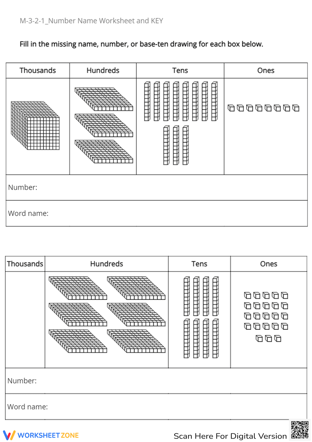 Base Ten Blocks: Place Value Worksheet - Number Names to 1000s - Page 1