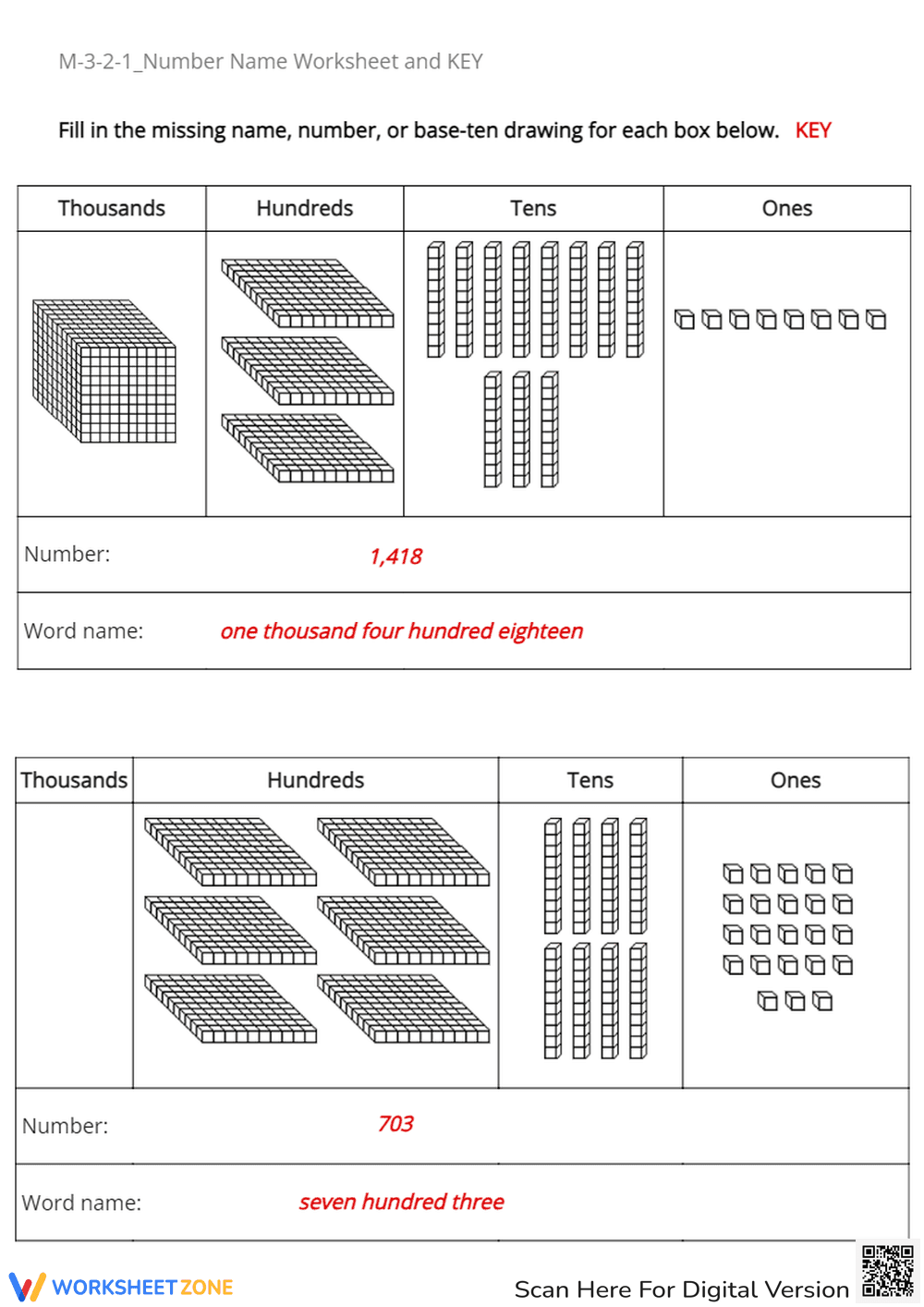 Base Ten Blocks: Place Value Worksheet - Number Names to 1000s - Page 4