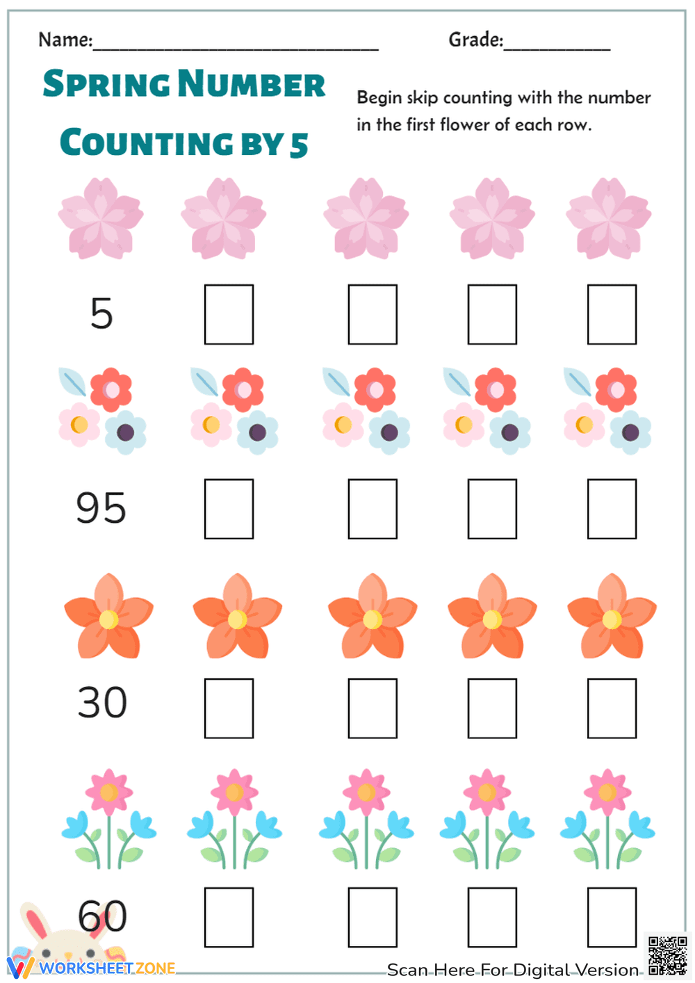 Spring Flowers: Skip Counting by 5s - Math Worksheet for Grades 1-2 - Page 1