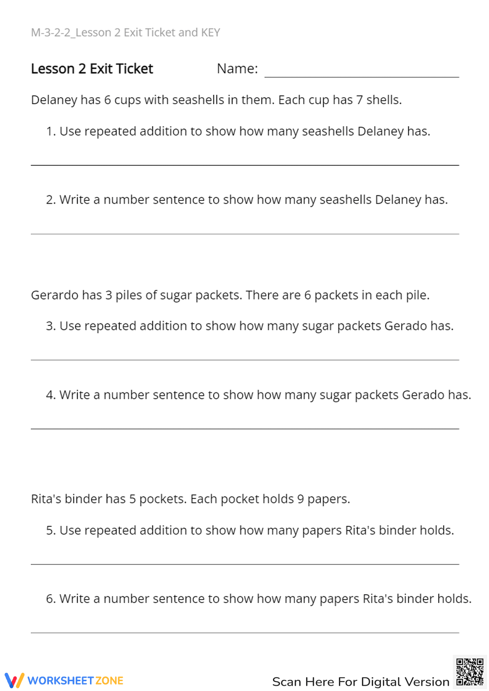 Repeated Addition Multiplication Word Problems - Lesson 2 Exit Ticket - Page 1