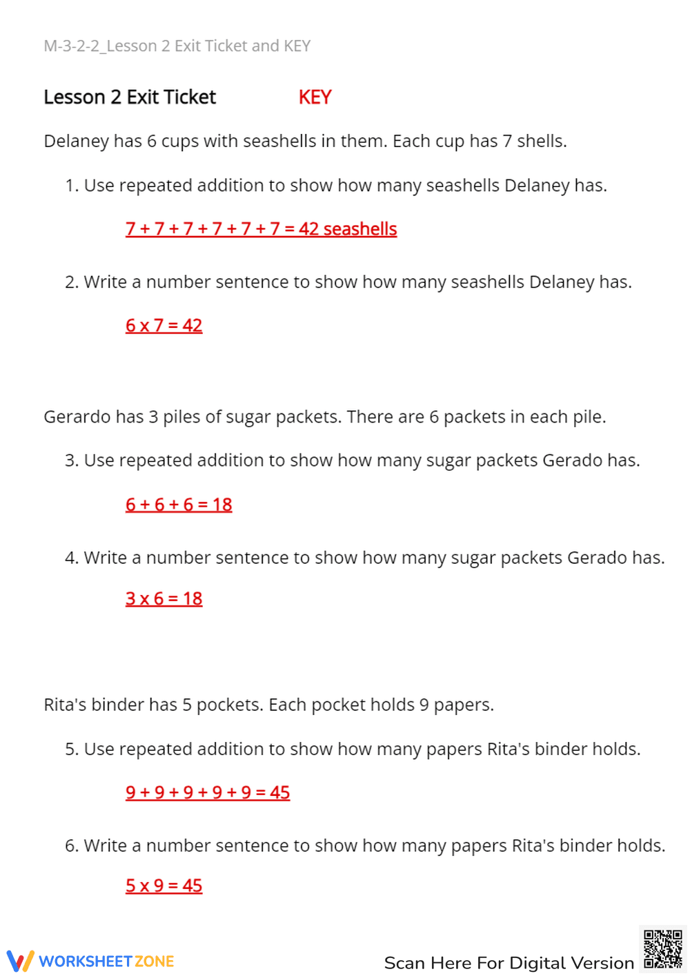 Repeated Addition Multiplication Word Problems - Lesson 2 Exit Ticket - Page 2