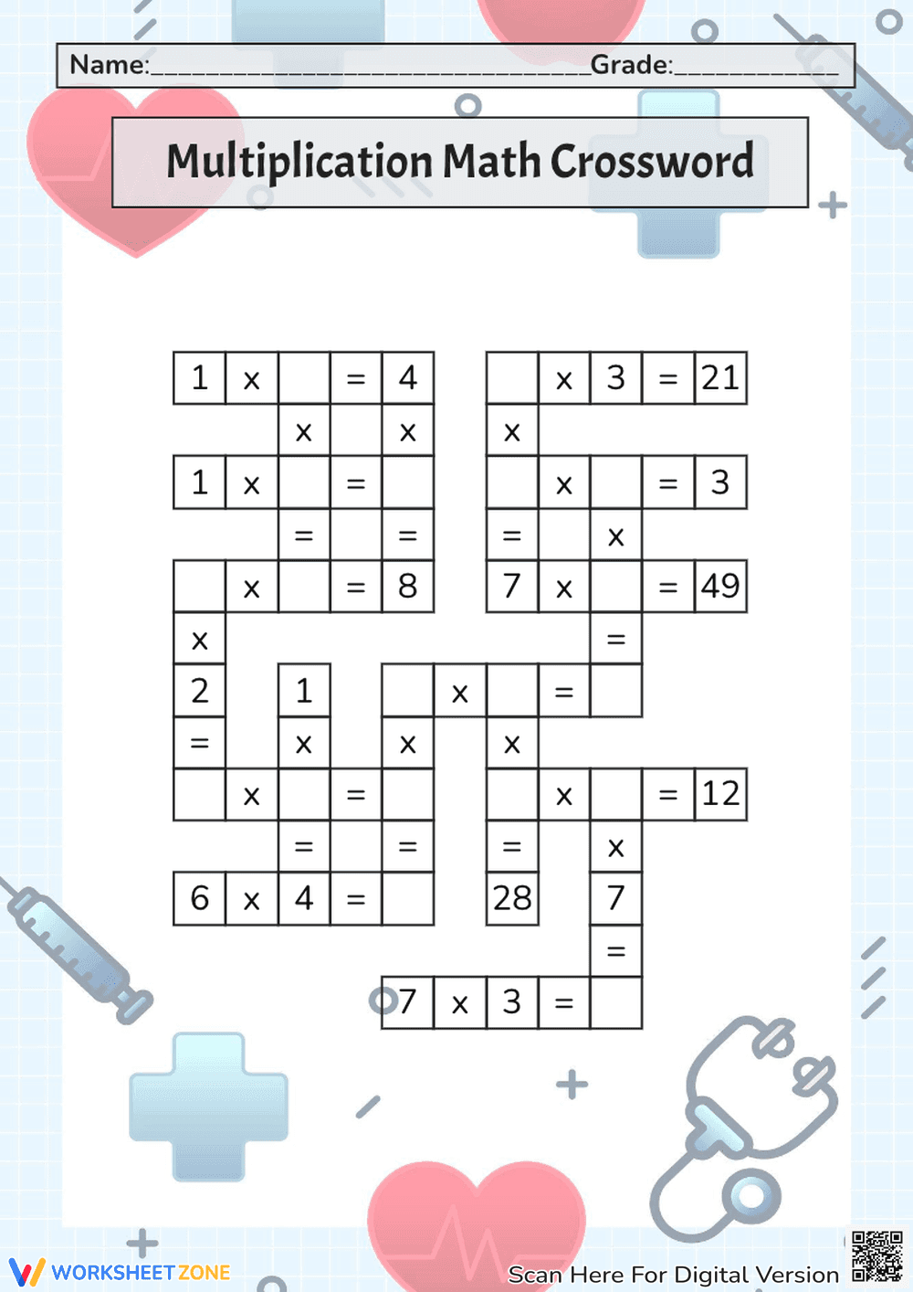 Single-digit Multiplication Crossword - Page 1