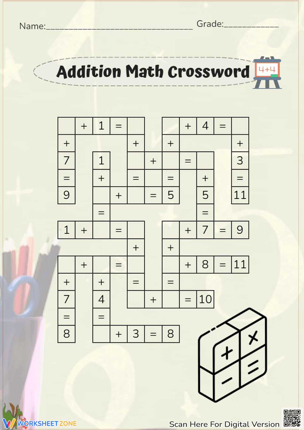 Addition Math Crossword Worksheet - Page 1