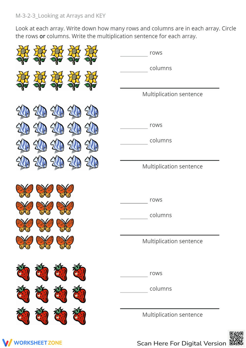 Arrays & Multiplication Worksheet - Rows, Columns, & Sentences - Page 1