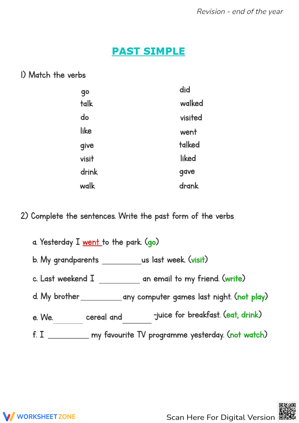 Past Simple Verb Tense Practice - Grammar Worksheet for Grades 3-5 - Page 1