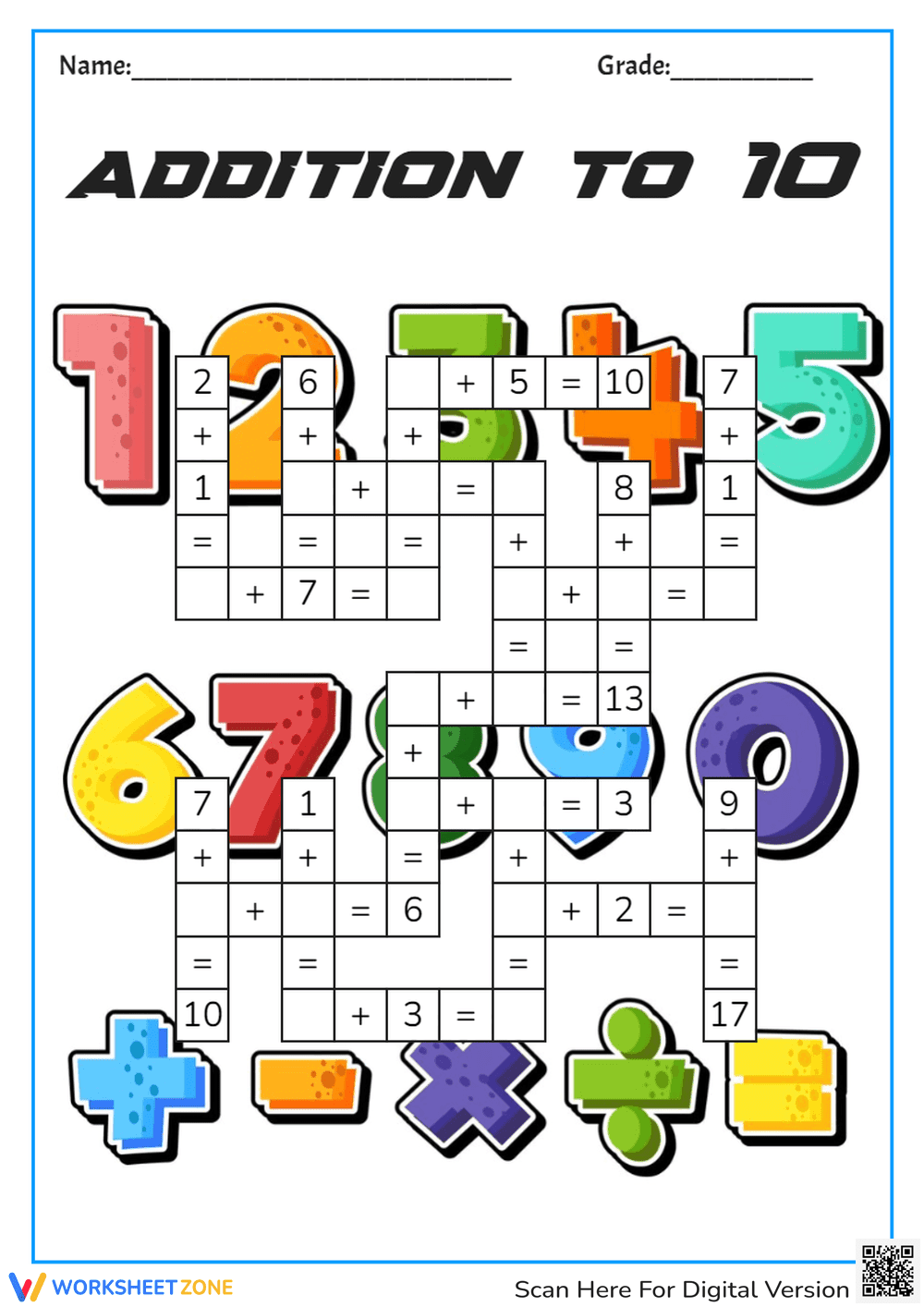 Addition To 10 Crossword Worksheet - Page 1