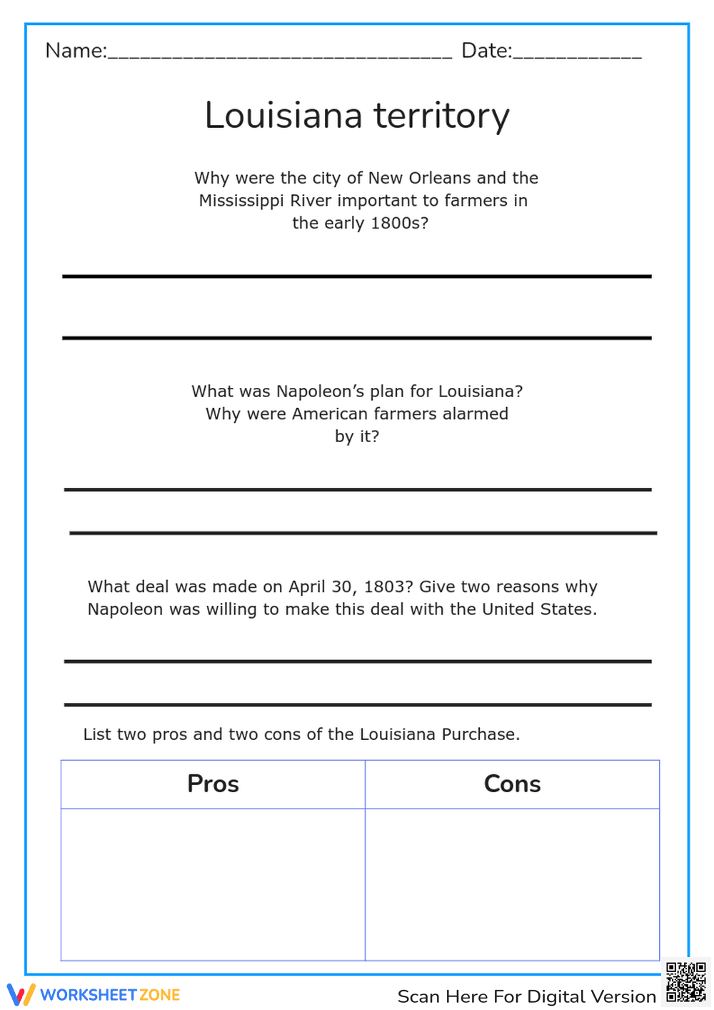 Louisiana Territory History Worksheet - Page 1