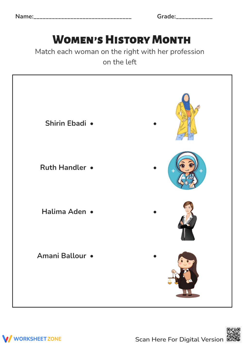 Famous Women in History Matching Worksheet - Page 1