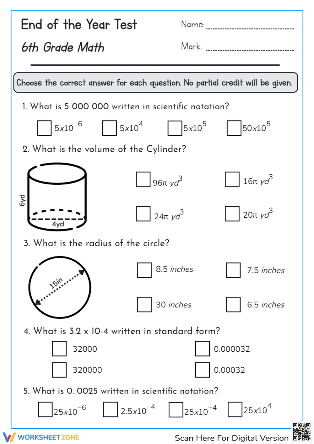 End-of-Year 6th Grade Math Test Worksheet - Page 1