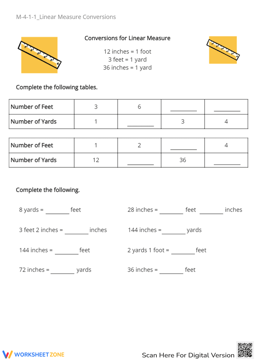 Linear Measurement Conversions: Feet, Inches, & Yards Practice - Page 1