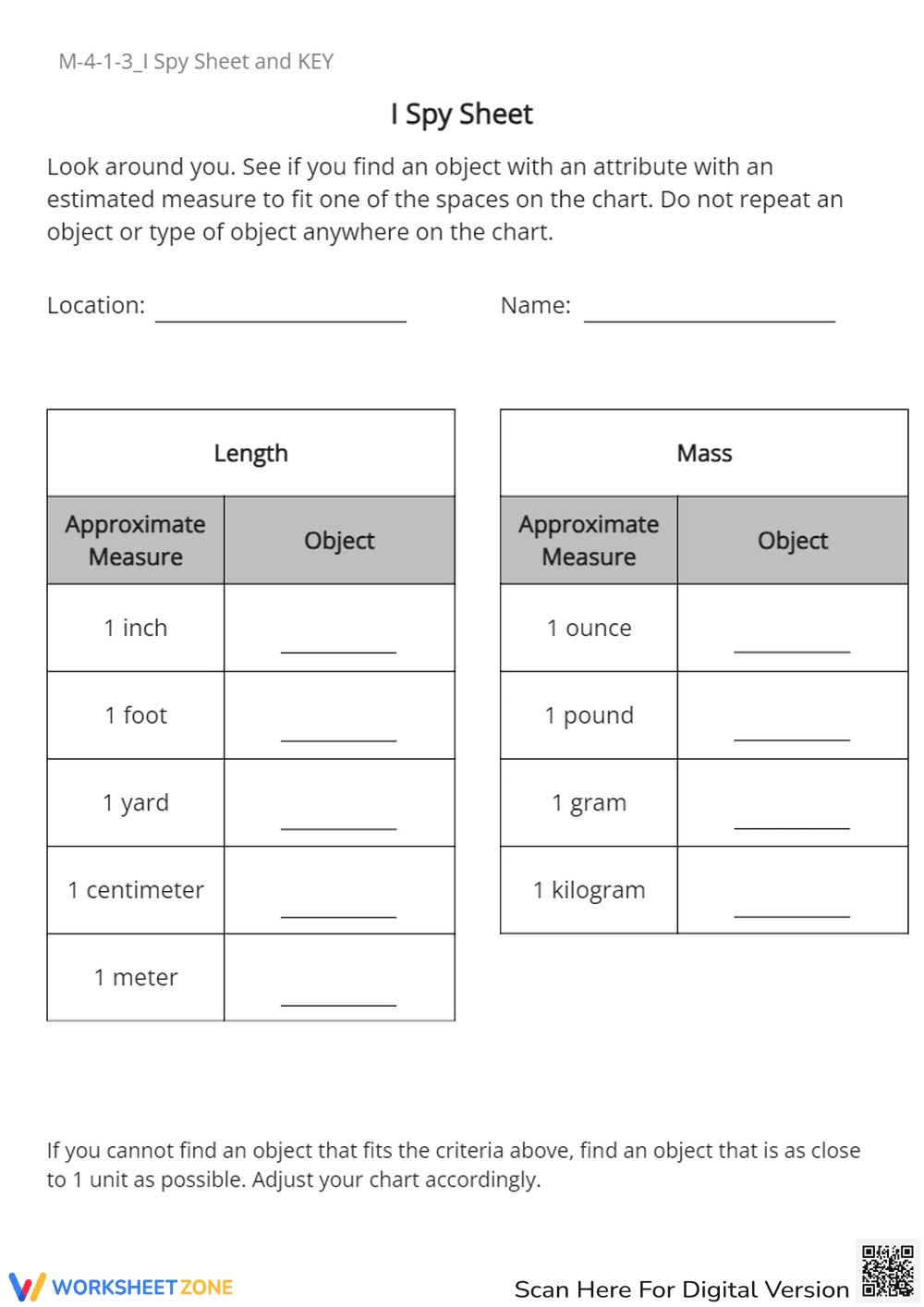 Measurement I Spy: Estimate Length & Mass - Grades 3-5 Activity - Page 1