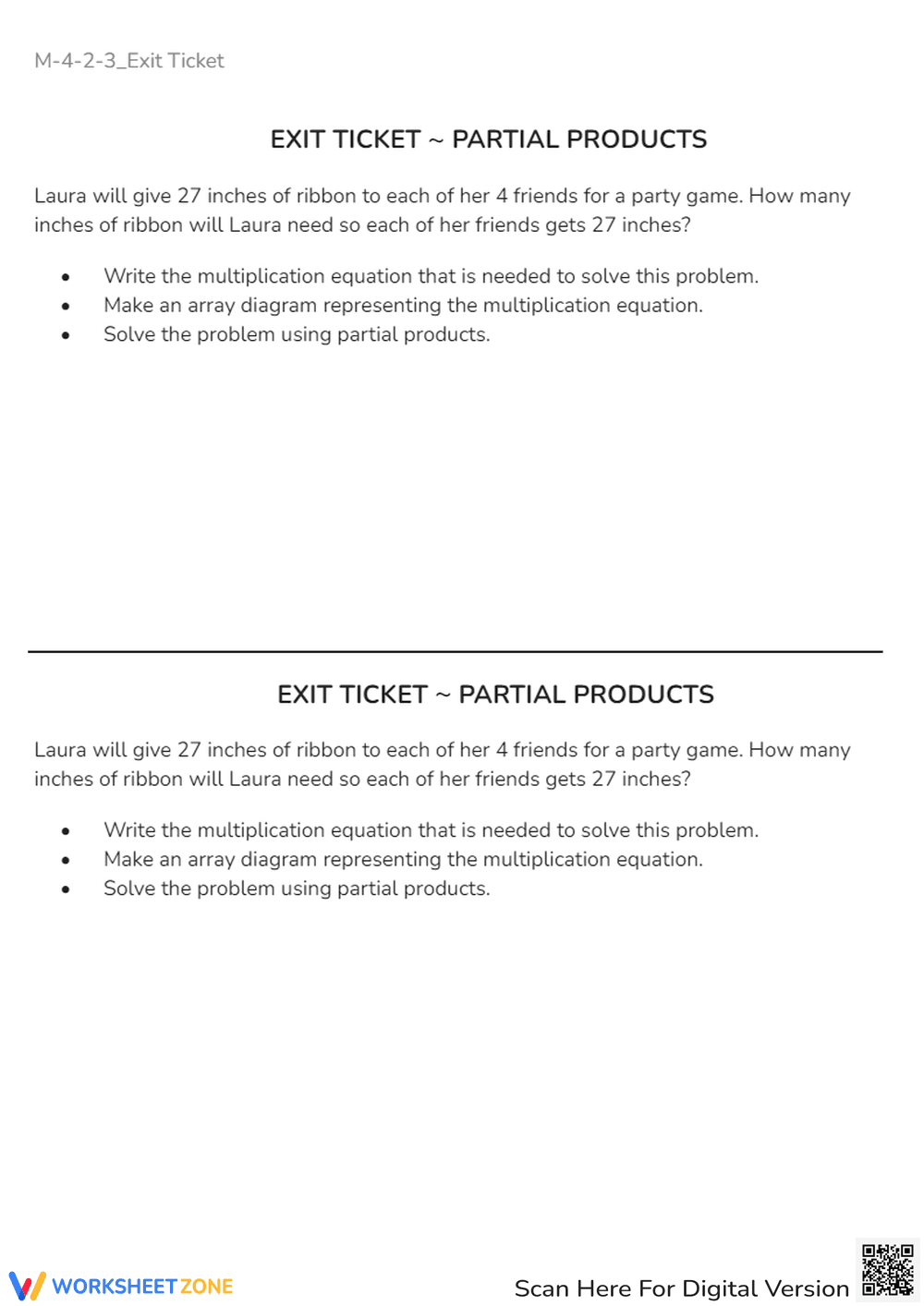 Partial Products Multiplication Exit Ticket - 3rd/4th Grade Math - Page 1