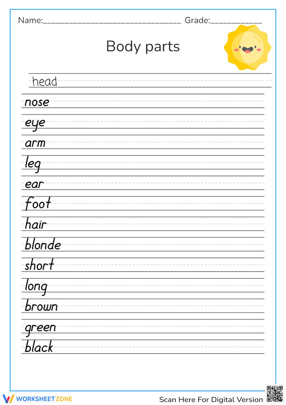 Body Parts: Vocabulary and Description Worksheet - Page 1