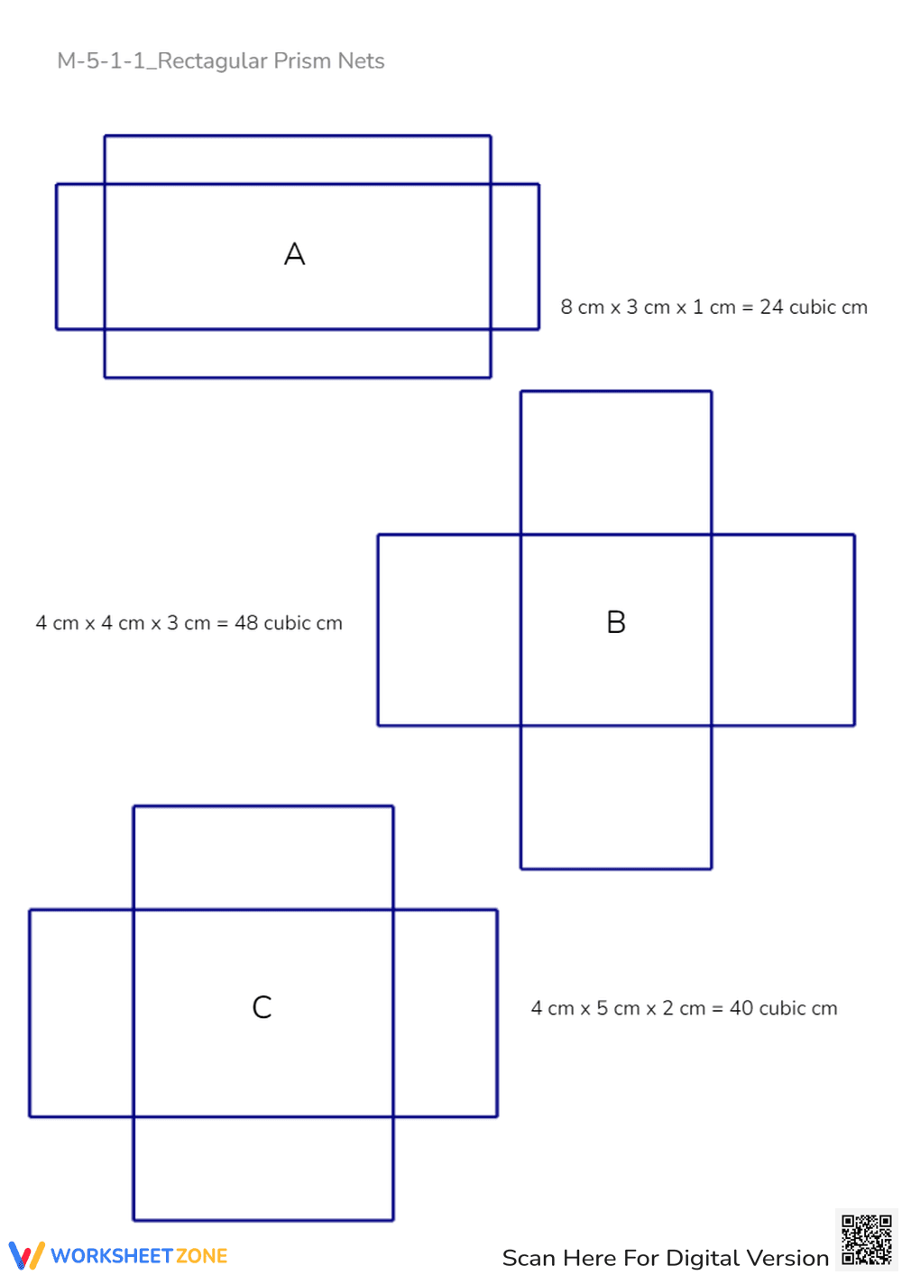 Rectangular Prism Nets & Volume - Geometry Worksheet - Page 1