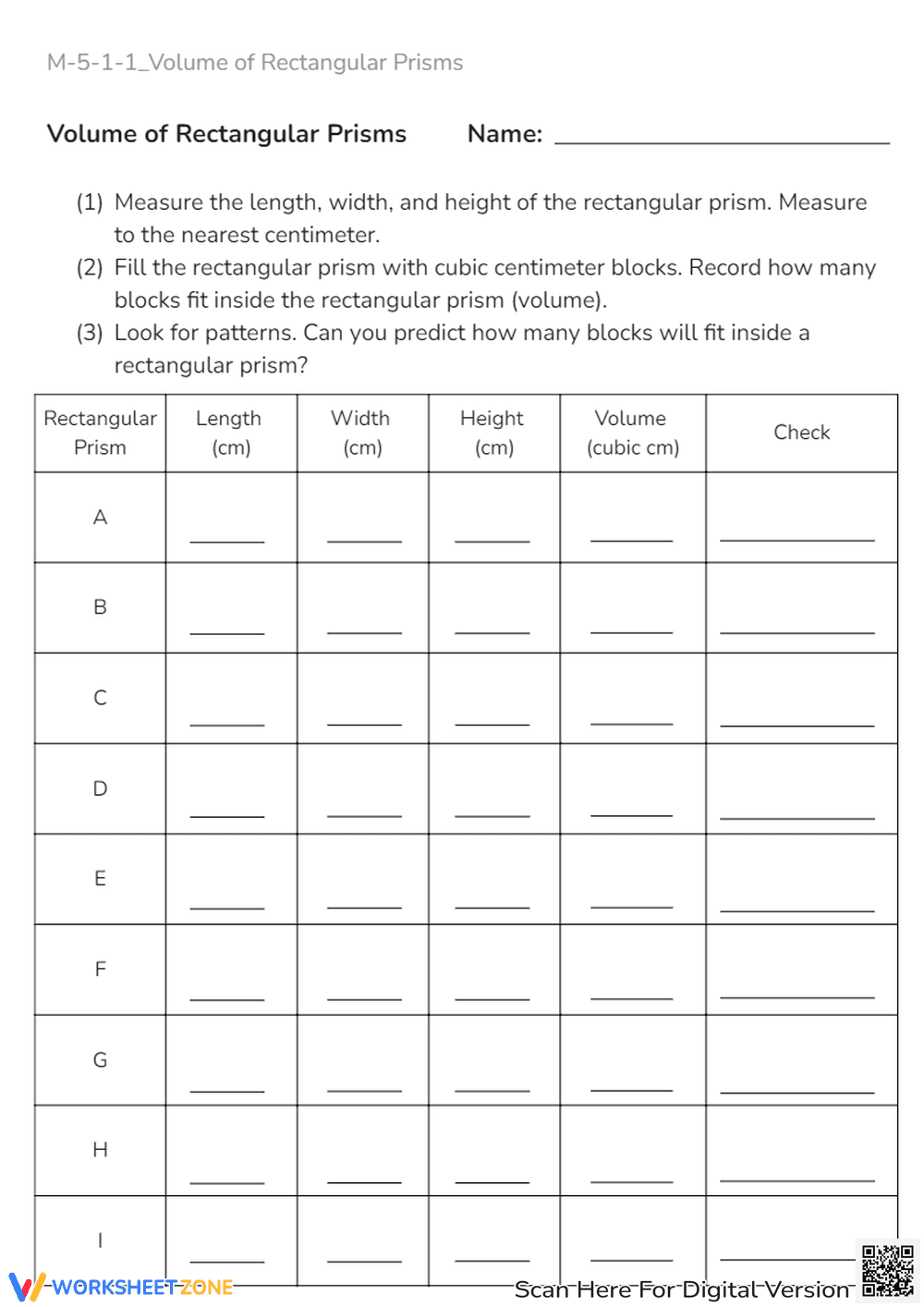 Volume of Rectangular Prisms - Measurement & Cubic Cm Practice - Page 1