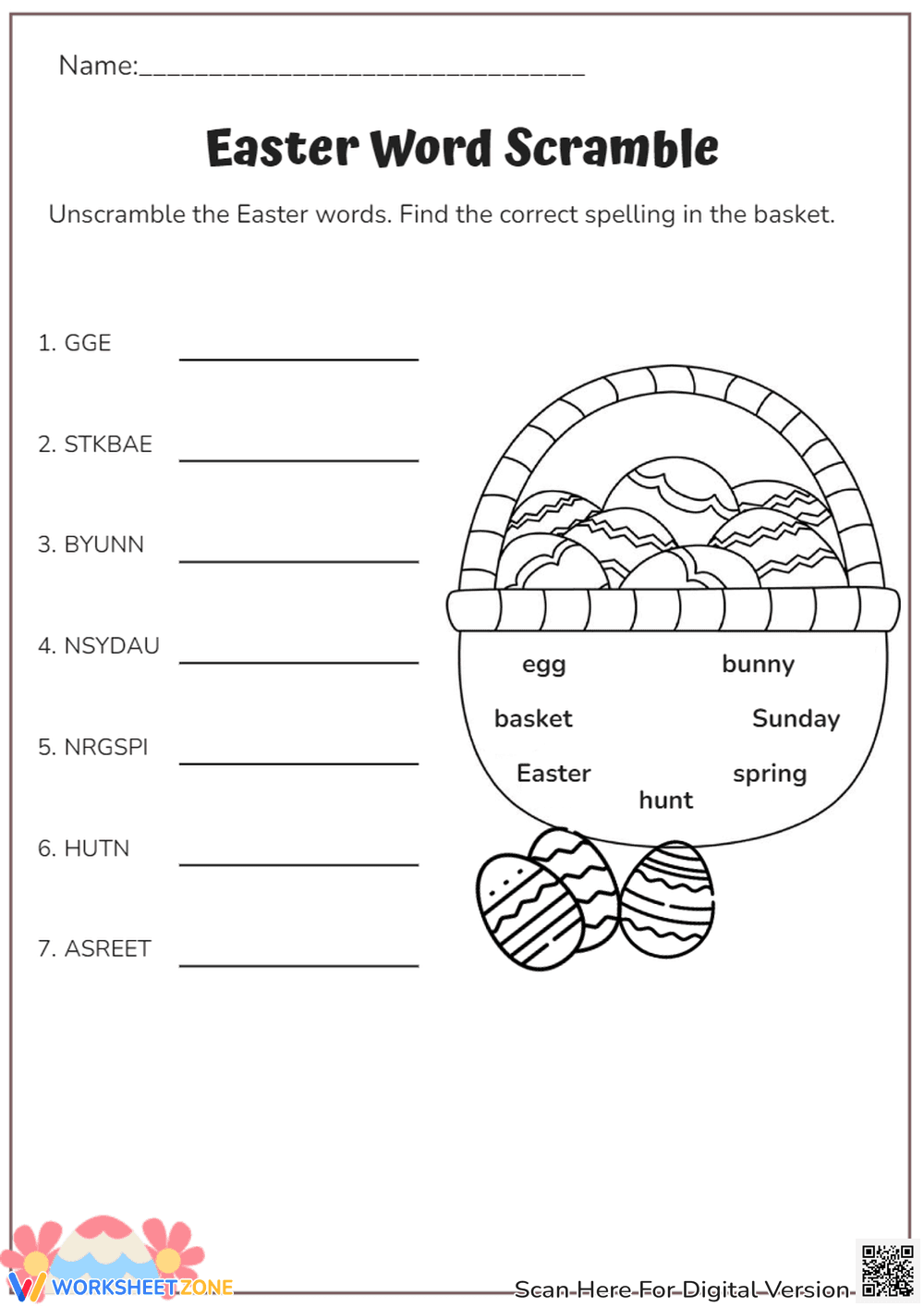 Easter Word Scramble Puzzle - Unscramble 7 Spring Words! - Page 1