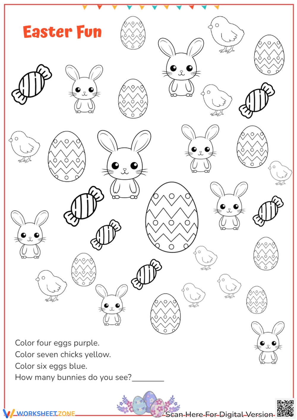 Easter Color & Count Worksheet - Bunnies, Chicks, Eggs! - Page 1