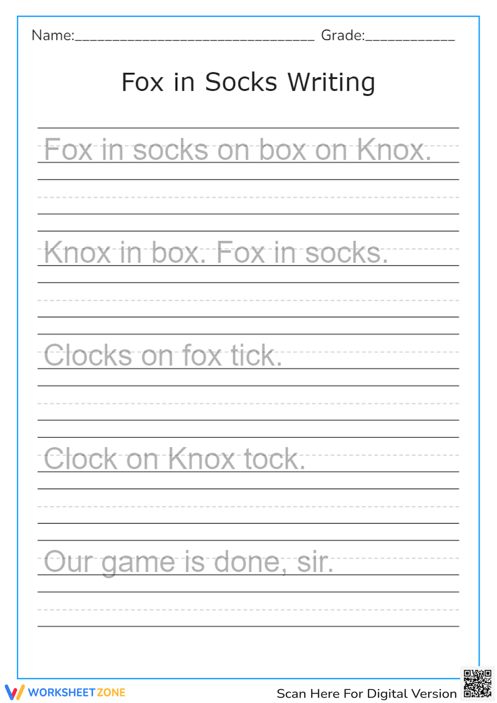 Fox in Socks: Sentence Copy Practice - Page 1