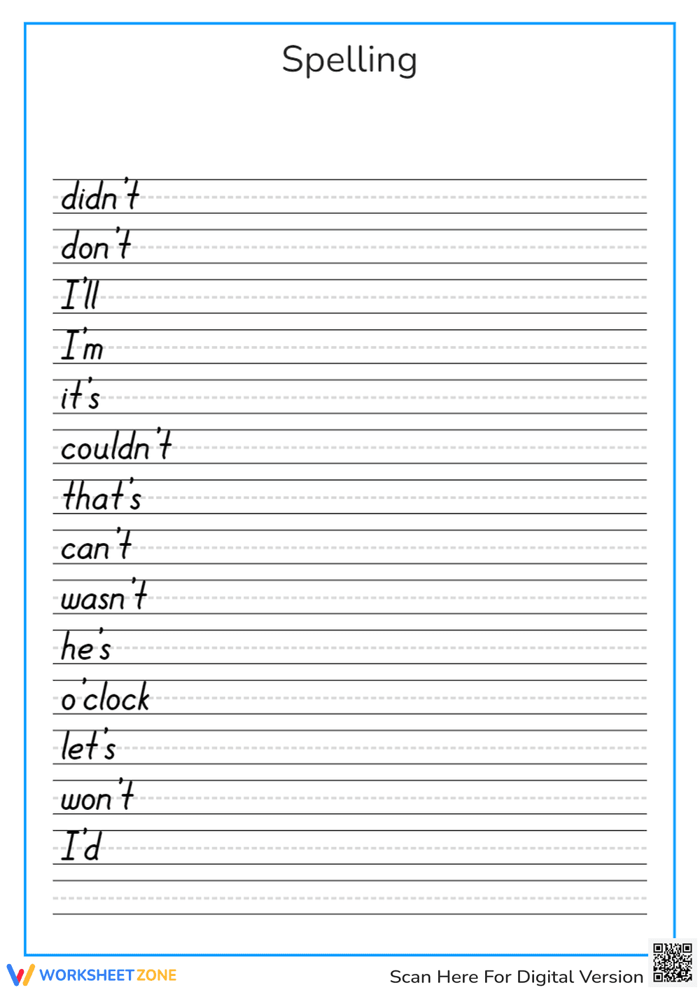 Handwriting Practice with Common Contractions - Page 1