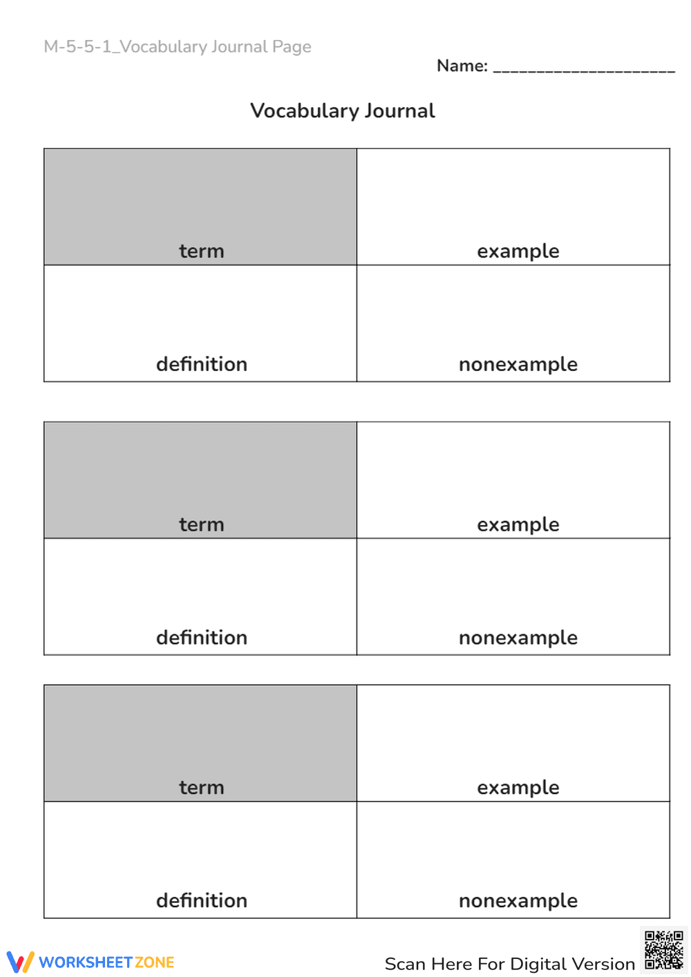 Vocabulary Journal Worksheet - Define Terms & Examples! - Page 1