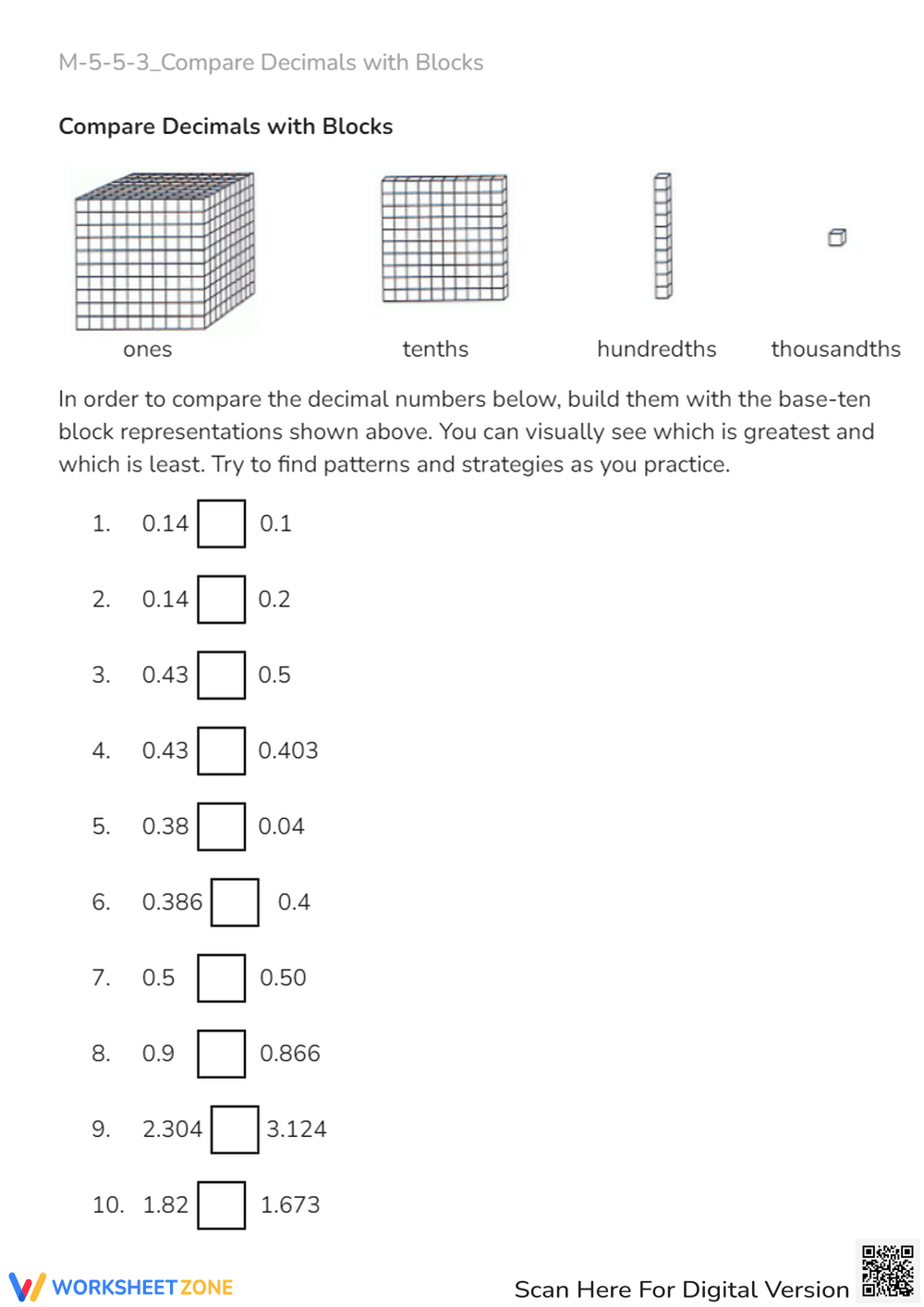 Compare Decimals with Base Ten Blocks - Math Practice - Page 1