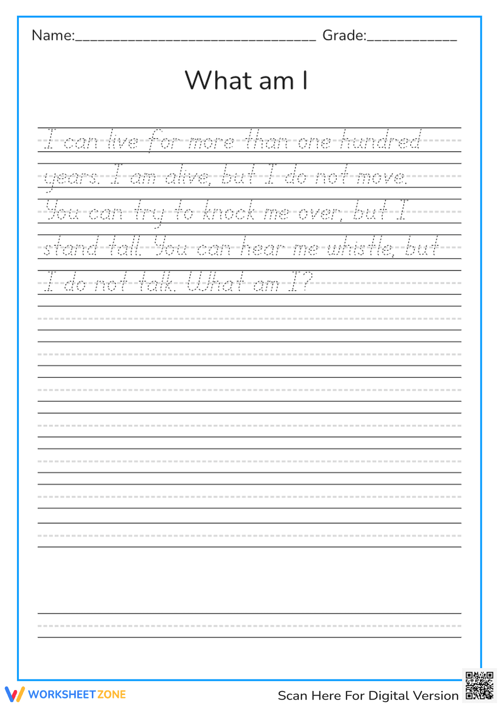 Tree Riddle Handwriting Practice - Cursive Worksheet for Kids - Page 1