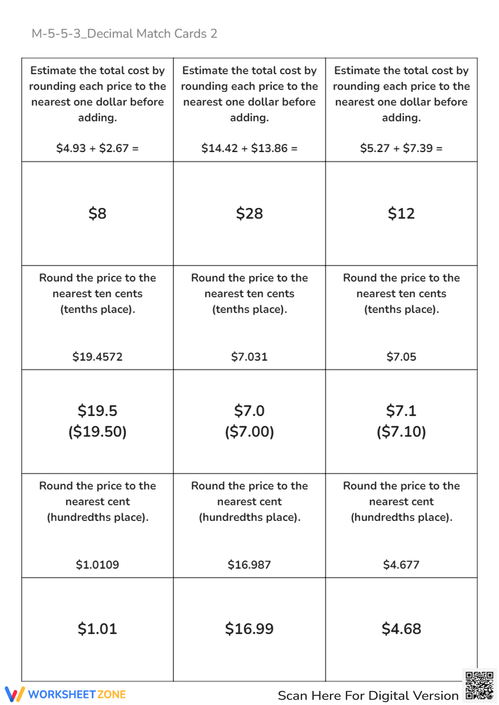 Decimal Rounding: Money Math - Nearest Dollar, Dime & Cent Practice - Page 1