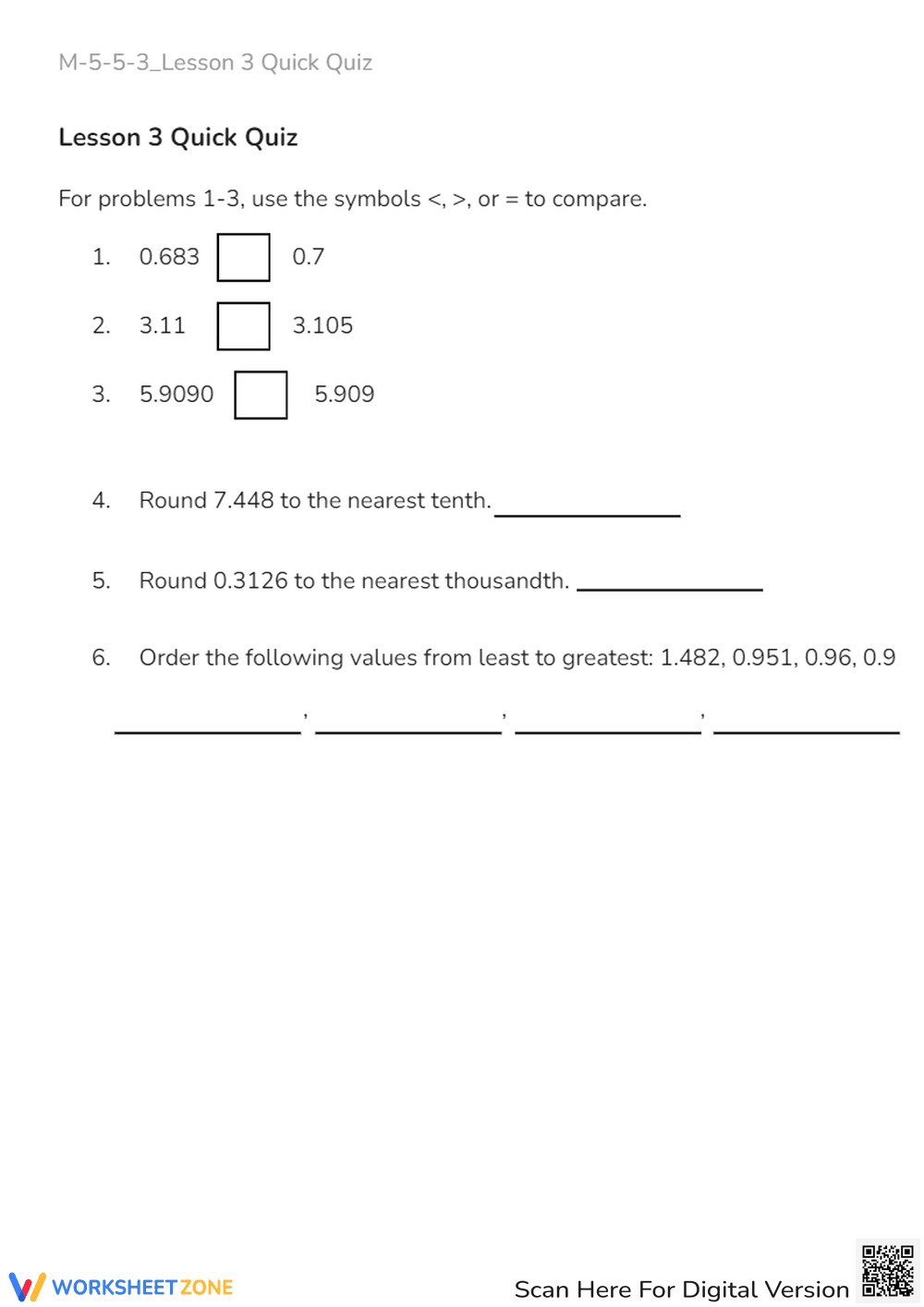 Decimal Comparison & Rounding Quiz - Grades 4-5 Math Practice - Page 1