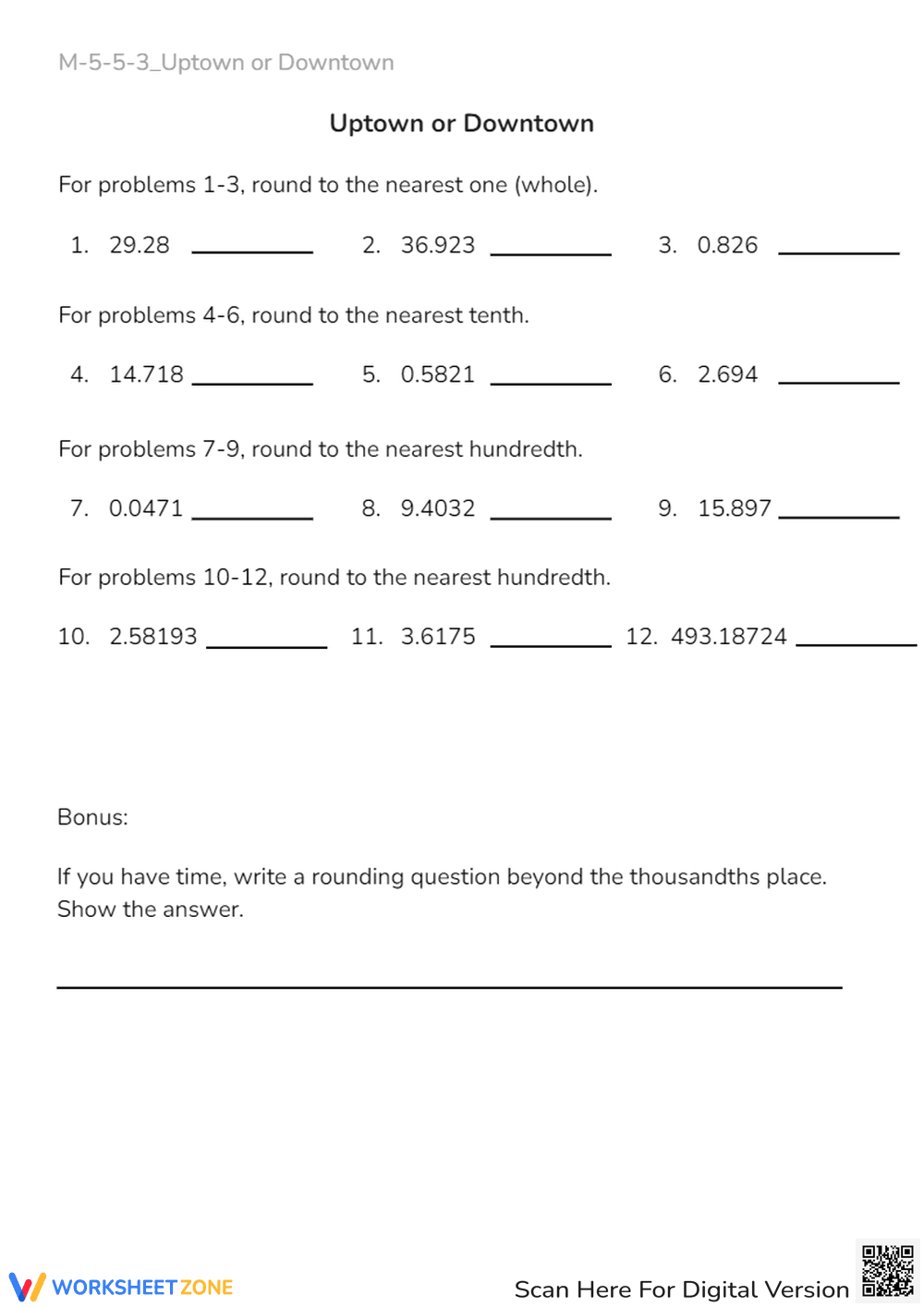 Rounding Decimals: Uptown or Downtown Math Worksheet - Page 1