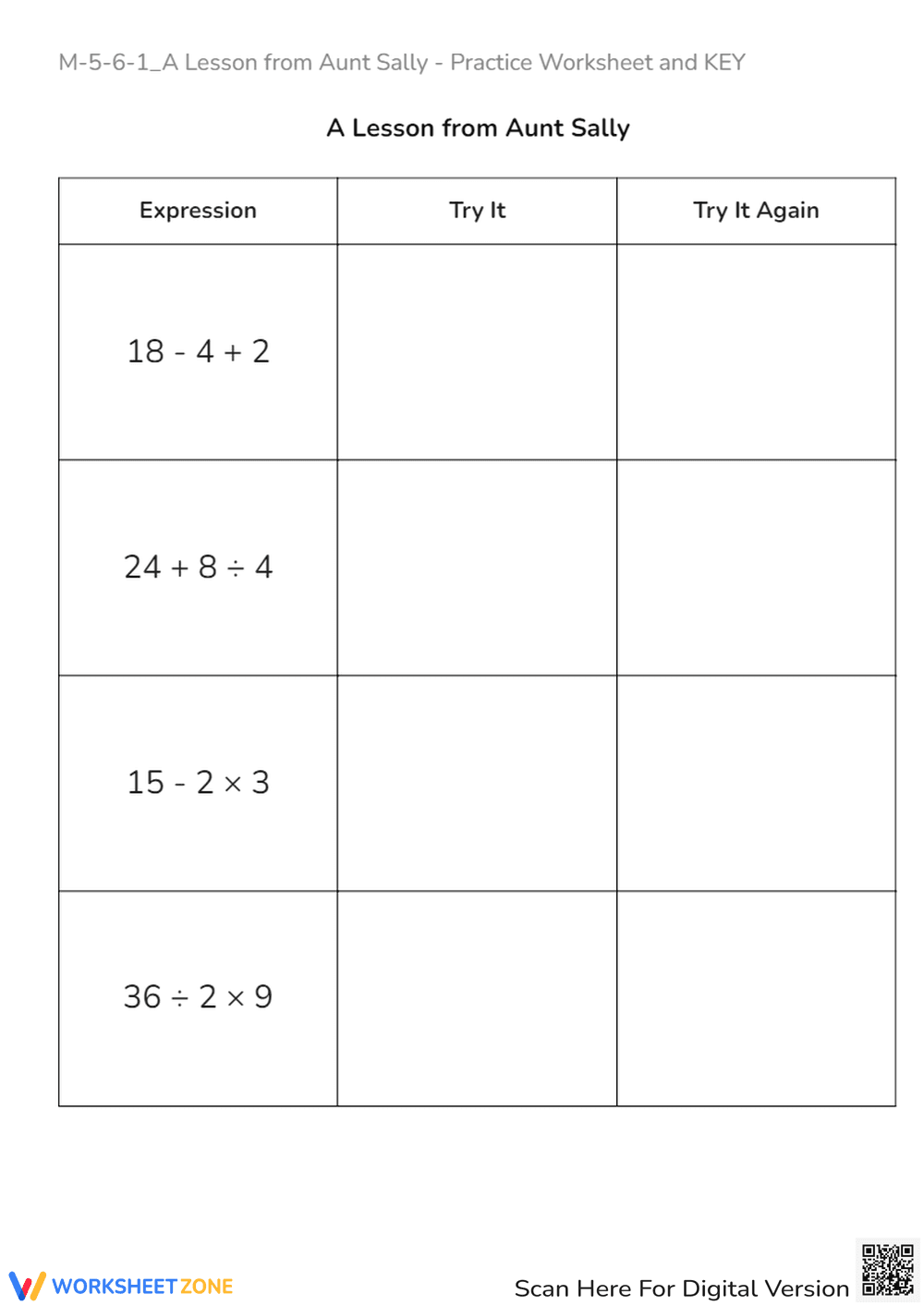M-5-6-1_A Lesson from Aunt Sally-Worksheet and KEY - Page 1