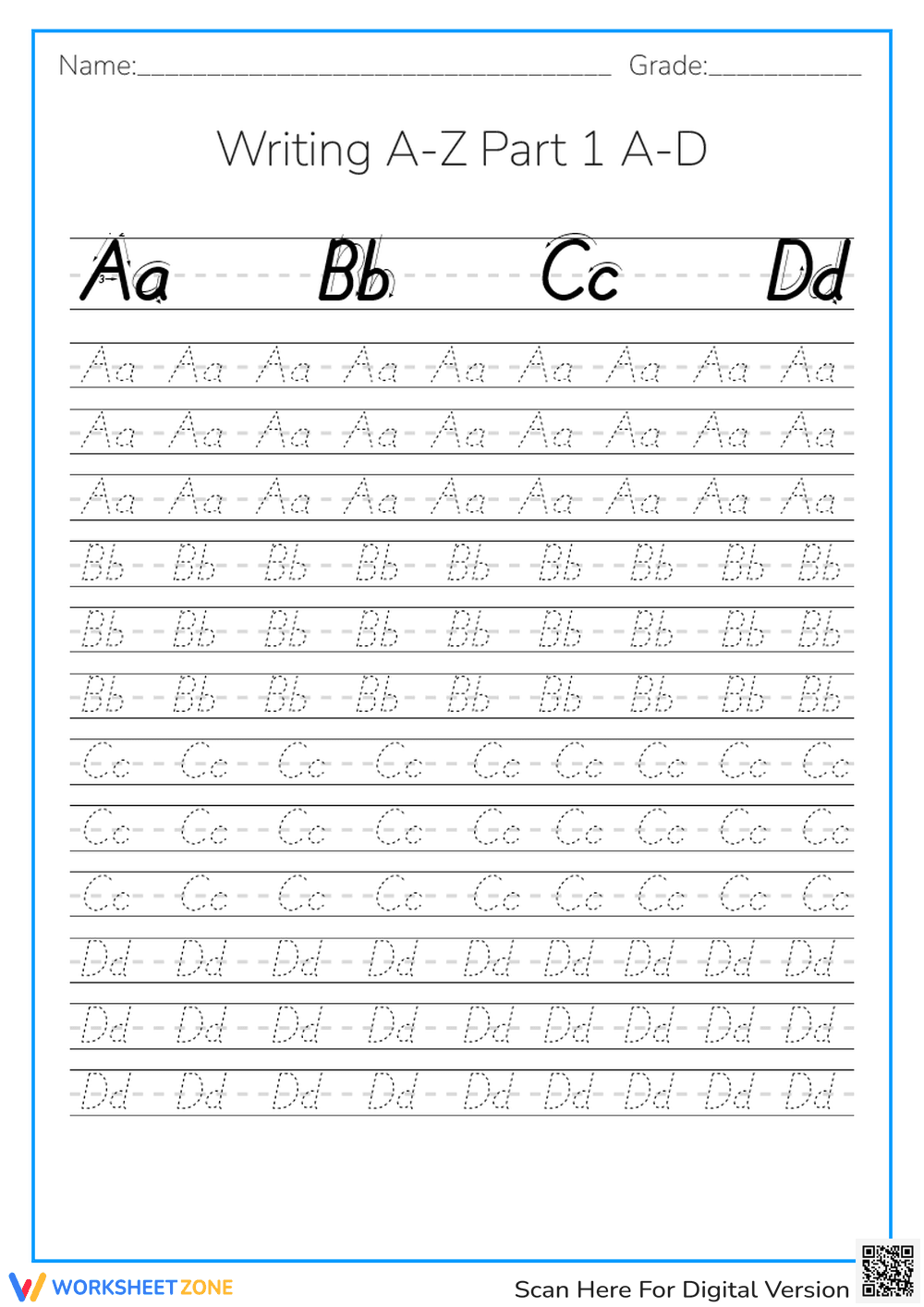Alphabet Writing Practice Worksheet (A-D) - Page 1
