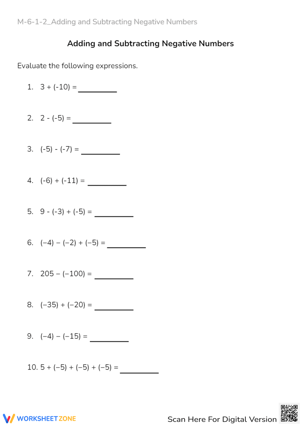 Adding & Subtracting Integers Worksheet - Grade 6-8 Math - Page 1