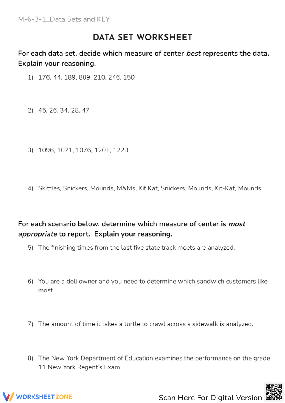 Mean, Median, Mode Worksheet - Data Sets & Scenarios Practice - Page 1